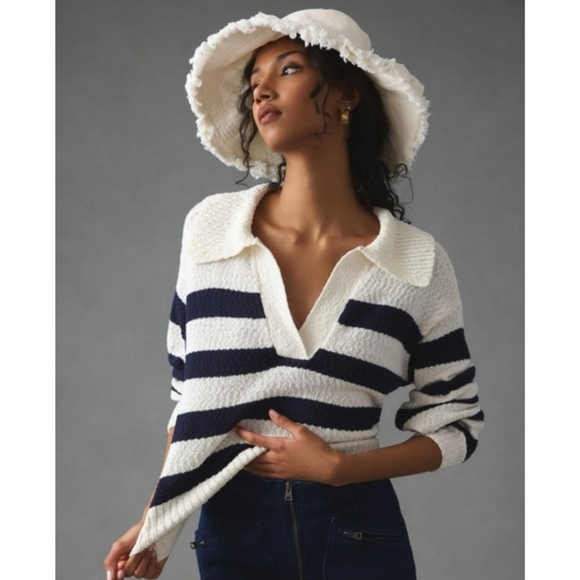 Anthropologie x MAEVEV-neck Polo Stripe Navy Sweater Medium Preppy Coastal - Picture 8 of 10